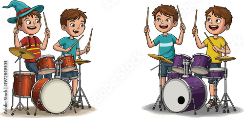 Happy boys playing drums cartoon illustration, kids practicing musical instrument, children band performance, fun learning music, percussion education drawing art