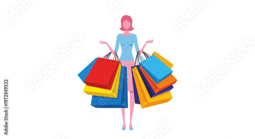 Woman carrying many colorful shopping bags