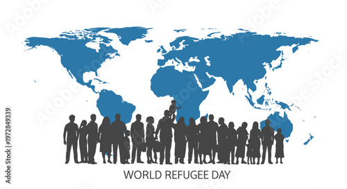 World refugee day with people silhouetted against world map