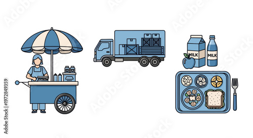 Illustrations of food service, delivery, and healthy meal options.