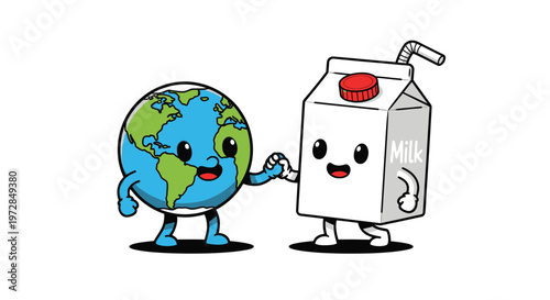 Cartoon Earth and milk carton characters holding hands, promoting healthy and sustainable living.