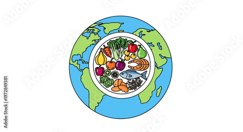 Global healthy food choices on a plate, promoting balanced nutrition worldwide.