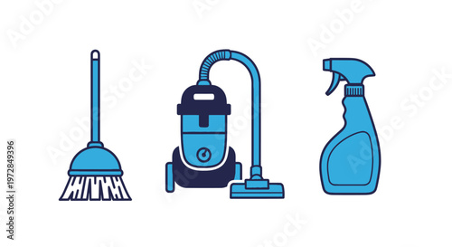Set of cleaning tools: broom, vacuum cleaner, and spray bottle.