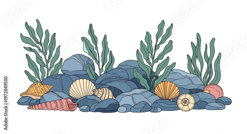 A vibrant underwater scene with seashells, rocks, and seaweed.