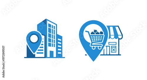 Location icons for office building and store with shopping cart