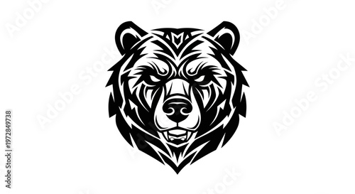 Ferocious Grizzly Bear Head Emblem - Black and White Tribal Style Illustration