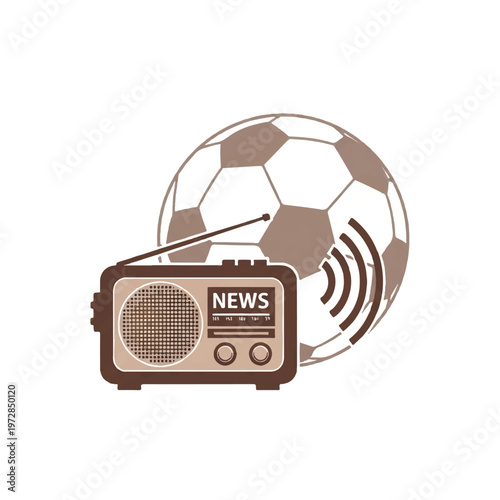 1950s tabletop radio with a soccer ball silhouette background, broadcasting news in faded brown tones, minimalist flat vector artwork, clipart style, absolute solid block colors, extremely sharp