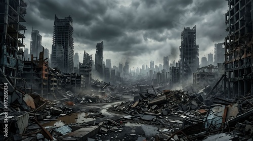 Desolate urban cityscape showing widespread destruction and ruined skyscrapers under dark clouds