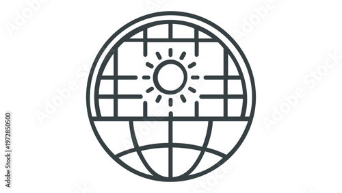 Solar power vector icon illustration featuring a globe with a sun and solar panel grid pattern, representing renewable green energy, sustainable environment, and global clean power solutions.