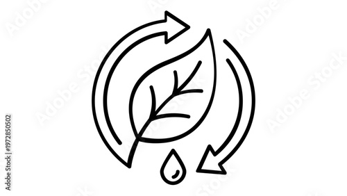 Sustainable ecology and green energy vector icon illustration featuring a leaf and water drop inside a circular recycling arrow symbol, representing environmental conservation and renewable power.