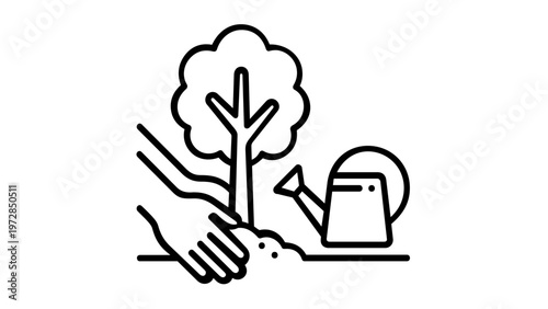 Minimalist black and white vector icon illustration of human hands planting a young tree in the ground with a watering can, symbolizing environmental protection, reforestation, and gardening.