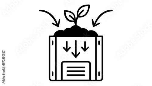 Sustainable ecology and green energy vector icon illustration featuring a small plant seedling growing from soil in a container with arrows representing composting or carbon capture process.