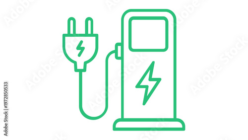 Electric vehicle charging station vector icon illustration. Blue and green gradient line art of an EV power point with a plug and lightning bolt symbol for sustainable green energy and transport.