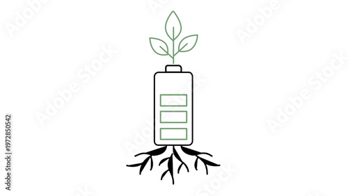 Green energy vector icon illustration of a battery with a growing plant and roots, symbolizing sustainable power, renewable resources, eco-friendly technology, and environmental conservation.