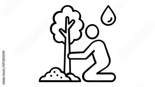 Minimalist vector icon illustration of a person kneeling to plant a young tree with a water drop symbol, symbolizing reforestation, environmental care, sustainability, and green ecology growth.