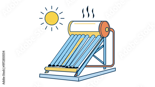 Solar Water Heater Vector Icon Illustration: Flat Minimalist Design of a Renewable Energy Solar Thermal Collector with Sun and Steam for Sustainable Ecology and Green Power Concepts.