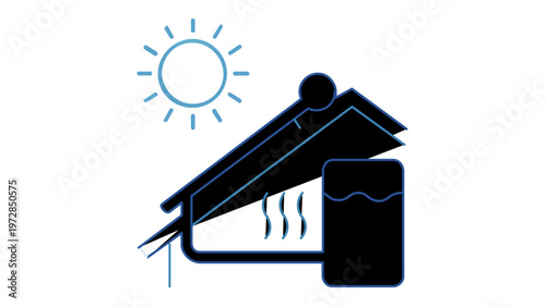 Solar water heater vector icon illustration featuring a solar thermal collector panel on a roof under the sun connected to a hot water storage tank for renewable green energy and ecology.