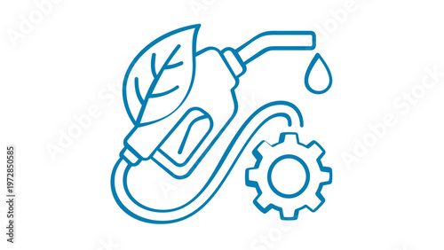 Sustainable biofuel vector icon illustration featuring a gas pump nozzle with a green leaf and mechanical gear, representing eco-friendly energy, renewable fuel sources, and green technology.