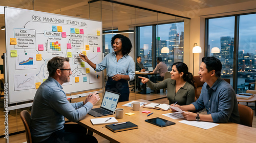 Businesswoman presenting to colleagues in meeting.