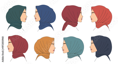 Diverse women wearing colorful hijabs with various styles in profile view.