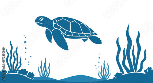 Blue sea turtle swimming in an underwater ocean scene with seaweed.