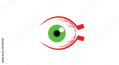 Abstract illustration of a human eye with green iris and red veins.