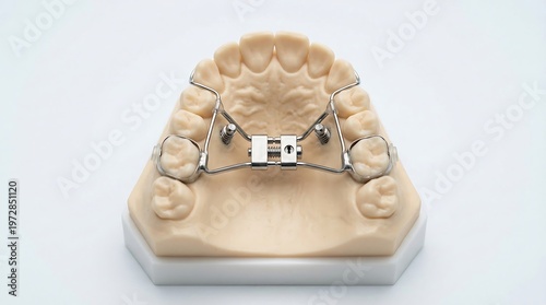Dental palatal expander on a jaw model, orthodontic appliance.