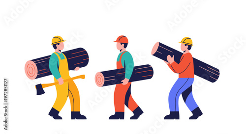 Flat vector illustration of construction workers carrying heavy wooden logs