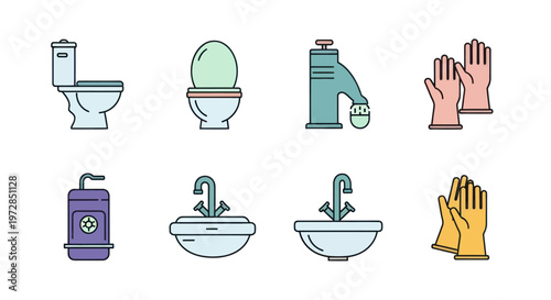 Colorful bathroom and cleaning icons collection on white background.