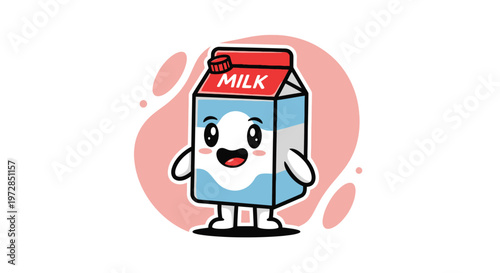 Cute milk carton character smiling happily against a pink background.