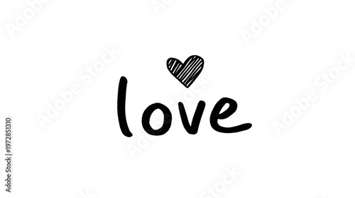 Handwritten 'Love' text with a simple heart doodle. Black and white romantic sentiment word art, perfect for design.