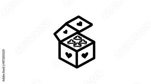 Minimalist line art icon of an open decorative box with hearts, symbolizing love, gifting, and affection for romantic occasions.