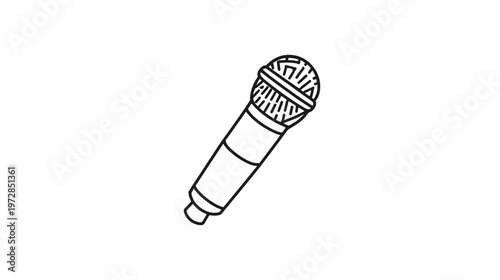 Microphone line art icon. Hand-drawn outline illustration of a vocal mic for audio, music, speech, broadcast, and podcasting.