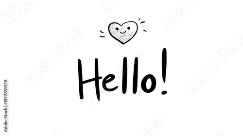 Friendly "Hello!" handwritten text with a cute smiling heart illustration, minimalist doodle on a clean white background