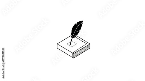 Isometric black and white quill pen and inkwell icon. Vintage writing instrument for literature, creativity, education, and communication.