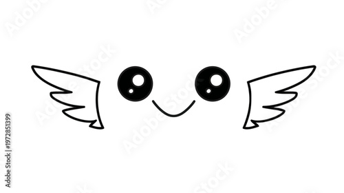 Cute Kawaii Smiling Face with Wings Doodle - Simple Black and White Cartoon Character Line Art Illustration