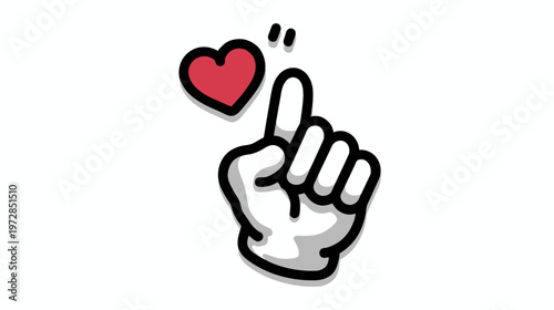 Cute cartoon hand making finger heart gesture with red heart icon, expressing love and affection on white background