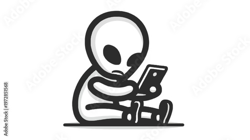 Cute cartoon alien character using a smartphone. Minimalist extraterrestrial doodle illustration engrossed in mobile technology.