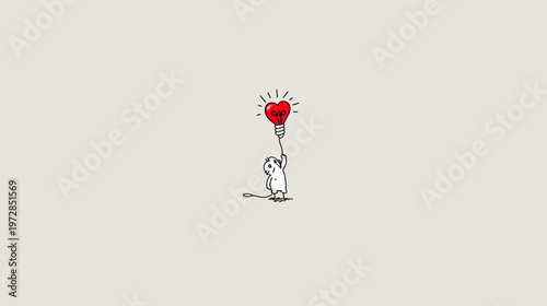 Cute cartoon mouse creature holding a glowing red heart light bulb, symbolizing love, passion, inspiration, and creative ideas on a clean background.
