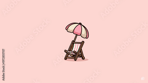 Cute cartoon illustration of a beach chair with an umbrella, symbolizing summer vacation, relaxation, and leisure. Isolated on a light pink background.