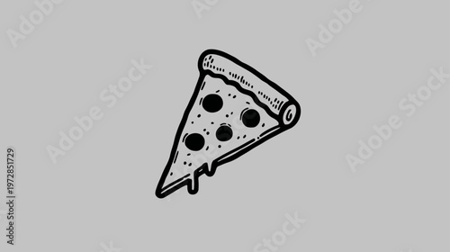 Hand-drawn cartoon pizza slice with pepperoni and melting cheese illustration on a gray background, a classic fast food snack