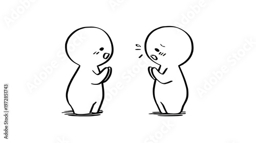 Cute minimalist line art illustration of two cartoon figures with hands clasped, expressing apology, gratitude, or prayer