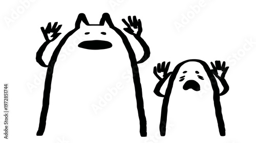 Cute cartoon characters raising hands in fear or surrender, black and white minimalist doodle illustration, scared or surprised emotion.