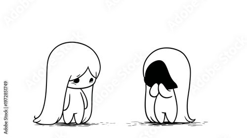 Cute hand-drawn minimalist characters expressing sadness and shyness, black and white vector line art depicting emotional vulnerability.
