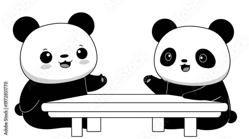 Two cute cartoon panda bears sitting at a table, happily interacting. Adorable black and white animal illustration of a friendly meeting.