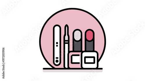 Manicure nail care tools icon. Flat graphic design of nail file, polish bottles, and cuticle pusher for beauty salon, spa, fashion.