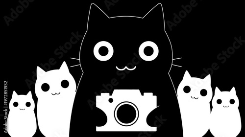 Cute black cat photographer with smaller white kittens, minimalist graphic illustration, feline family taking a picture
