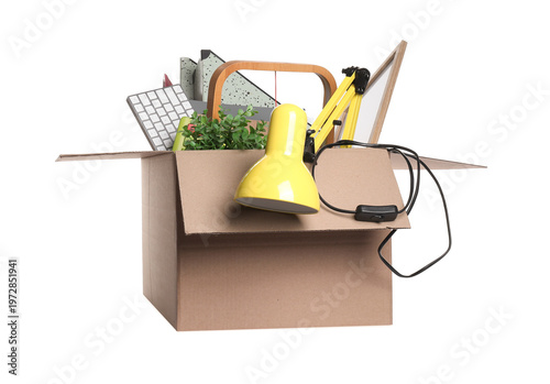 Slika na platnu Dismissal. Personal office stuff in box isolated on white