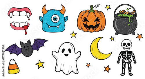 Quadro su tela A collection of colorful hand-drawn Halloween illustrations featuring a vampire mouth, monster, pumpkin, cauldron, bat, ghost, moon, skeleton, and candy corn