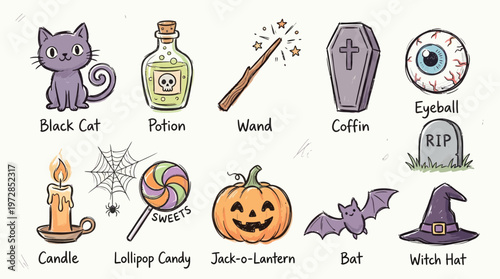 A collection of cute cartoon Halloween icons including a black cat, potion, wand, coffin, eyeball, candle, lollipop, jack-o-lantern, bat, and witch hat.